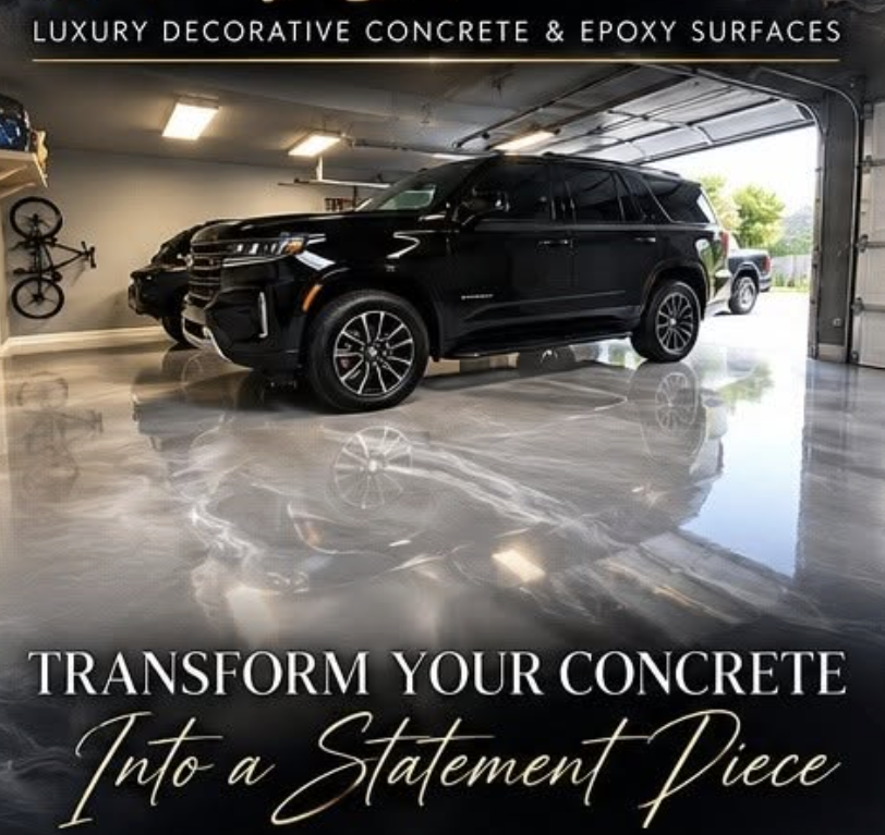 Black SUV parked on a high-gloss metallic epoxy garage floor