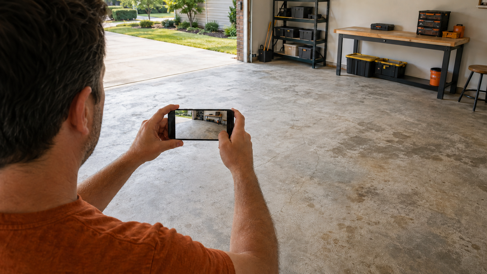 Homeowner snapping a straight-on photo of their garage floor to upload to the epoxy visualizer