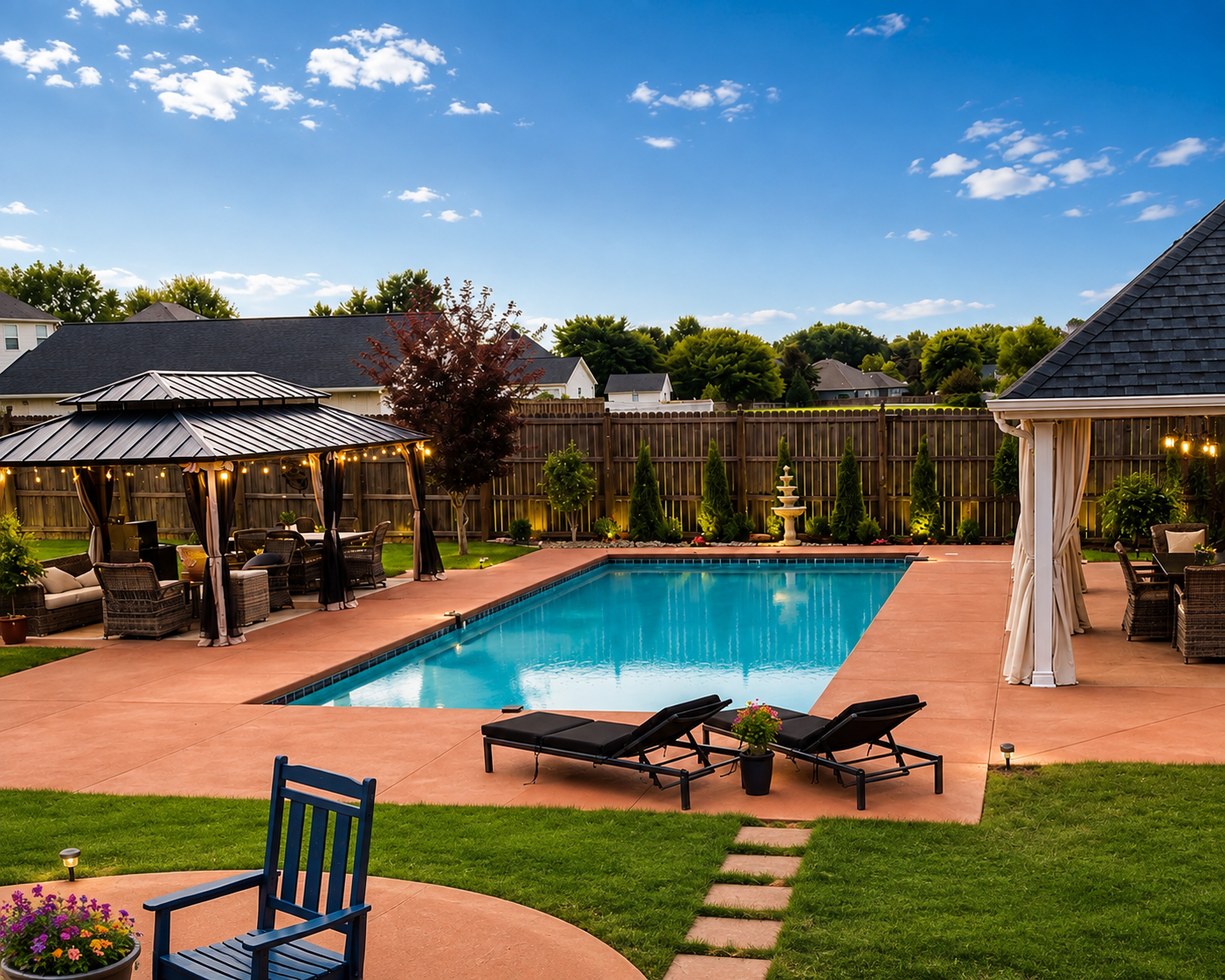 The same pool deck resurfaced in a warm terracotta finish with landscaping and lounge seating