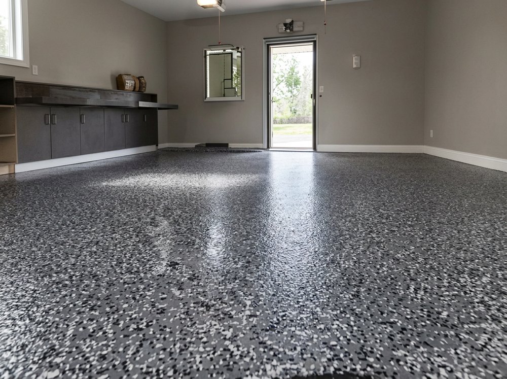 Grey flake epoxy garage floor