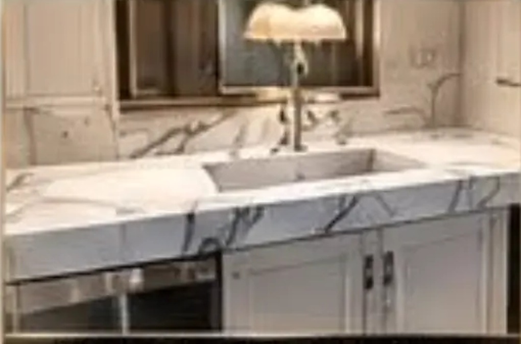 White marble epoxy kitchen countertop with waterfall edge