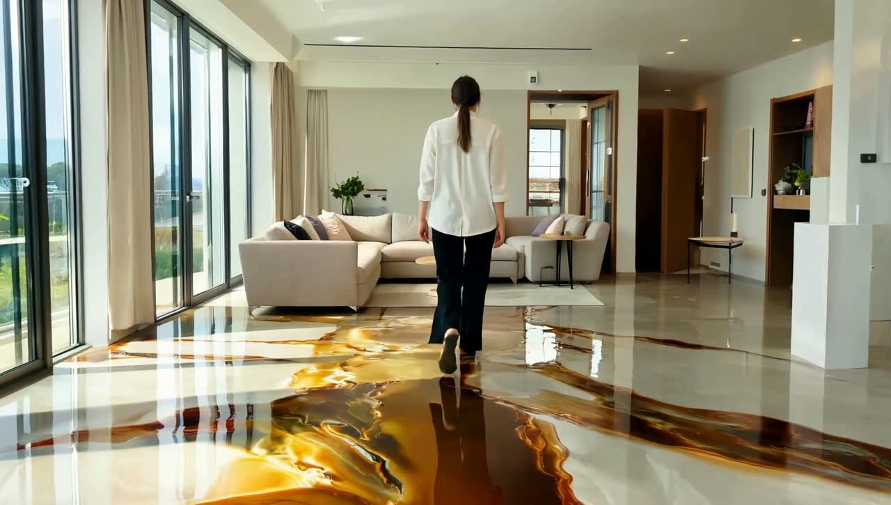 Walking into a bright room with a poured epoxy floor