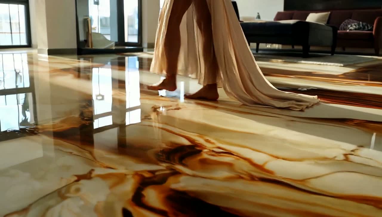 Walking into an elegant room with a glossy poured epoxy floor